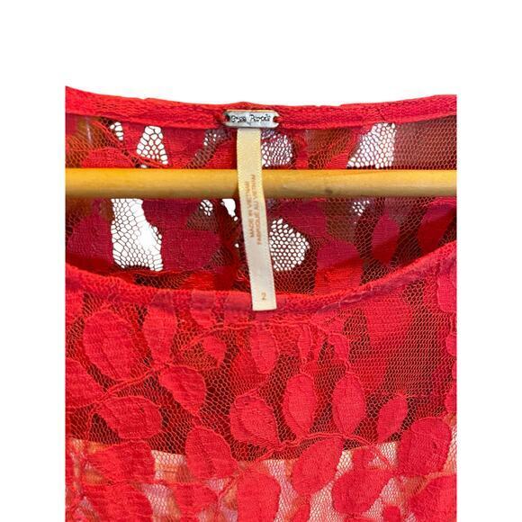Free People FP Women 2 Floral Mesh Lace Mini Dress Red Lace Overlay 3/4 Sleeves - Picture 6 of 14
